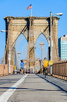 People doing sport on the Brooklyn Bridge, NYC, USA