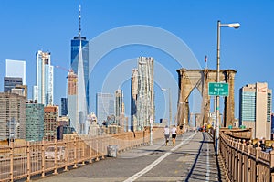 People doing sport on the Brooklyn Bridge, NYC, USA