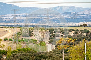 People doing sports on a dirt road surrounded by nature and large electric towers
