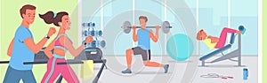 People doing sports workout in gym vector illustration. Cartoon active young sportive woman man characters run on