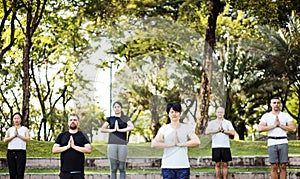 People doing yoga at the park