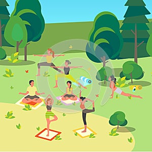 People doing yoga in the park. Asana or exercise for people