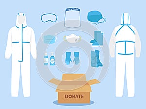 People donate PPE personal protective suit Clothing isolated and Safety Equipment for prevent Coronavirus Diease