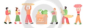 People donating food in donation box, flat cartoon vector illustration isolated
