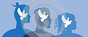 People with dove as symbol of peace, flat vector stock illusion with humanity against blue sky