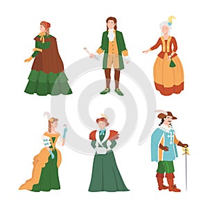 People dressed clothing of 18th century set. Men and women in medieval fashion vintage dress, historical clothes vector