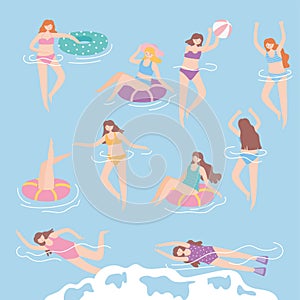 People dressed in swimwear in swimming pool, summer water activities