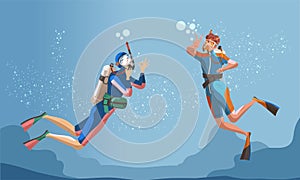 People dressed wetsuit scuba diving and snorkeling. Man and woman in swimsuits performing water activities vector