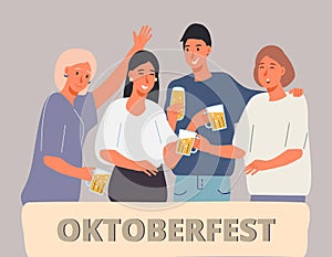 People drink beer in Oktoberfest party celebration. Friends have fun, they are happy to meet together