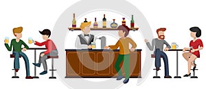 People drink beer at tables with high chairs. The visitor waits while the bartender pours beer at the bar counter with shelves.