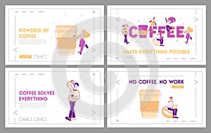 People Drink Coffee Website Landing Page Set. Young Men and Women Buying Takeaway Drink, Man Work on Laptop