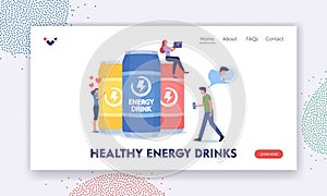 People Drink Healthy Energy Drinks Landing Page Template. Gamers, Students or Businessmen Drinking Energetic Beverages