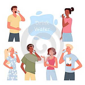 People drink water set, bearded man, guy holding glass, woman standing with water bottle