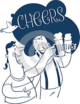 People drinking at the bar. Cartoon vector and black and white illustration for your design