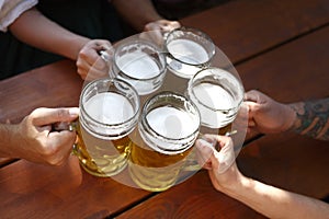 People drinking beer in a traditional Bavarian beer garden