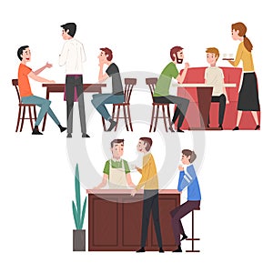 People Drinking Coffee and Relaxing at Coffeehouse or Cafe Set, Restaurant Employees Serving Visitors Vector