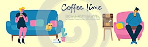 People drinking coffee. Coffee time, break and relaxation vector concept cards. Vector illustration in flat design style