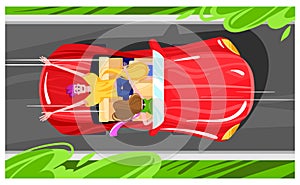 People drive car, driver look up, young entertainment concept, happy girl journey, design, flat style vector