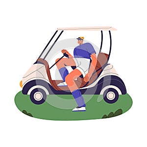 People drive golf cart. Golfer move in electric car, buggy on field after game. Sport player in sportswear, uniform