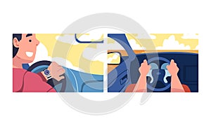 People driving car. Auto driver sitting inside car holding steering wheel cartoon vector illustration