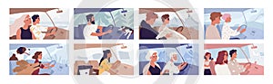 People driving car flat vector illustrations set. Road trip concept. Travelling with pets. Female shopaholic riding with photo