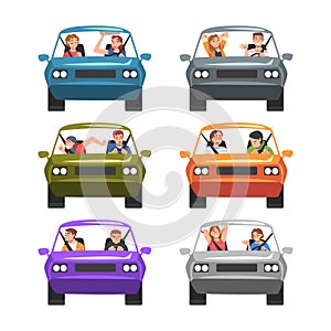 People Driving Car Sitting in Front Seat with Passenger Vector Set