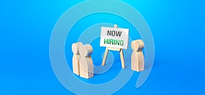 People and easel with a call Now hiring. Recruitment new employee workers. Search for specialists and professionals. Staff job