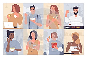 People eat food set, cartoon young happy hungry man or woman enjoying meals and dishes