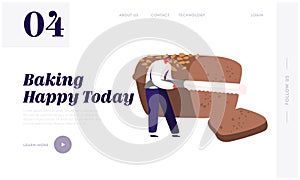 People Eating or Buying Bakery Website Landing Page. Tiny Man Slicing Huge Brown Tommy with Knife, Baked Production