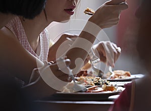 People eating fast food in business hour with hurry up