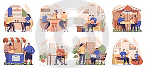 People eating fast food collection of scenes isolated. Customers at street cafes and restaurants, set in flat design. Vector