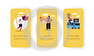 People Eating Junk Meals from Food Truck Mobile App Page Onboard Screen Template. Tiny People with Huge Burger, Hot Dog