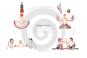 People eating organic food, fruits and vegetables, healthy lifestyle, woman sitting in lotus pose banner