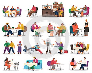 People eating scenes set. Friends or business partners are sitting in cafe or restaurant at a table