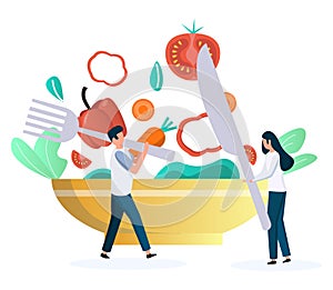 People eating vegetarian food, fresh vegetable salad, flat vector illustration. Vegan diet, healthy lifestyle.