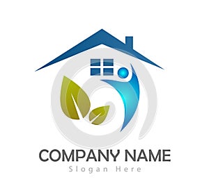 People eco home house green concept Business People green leaf vector logo.