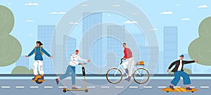 People on electric transport in city. Skateboard and scooter. Citizens on eco friendly vehicles. Man riding bicycle