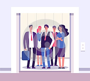 People elevator. Lift persons standing woman man group inside elevators office interior with open door business vector