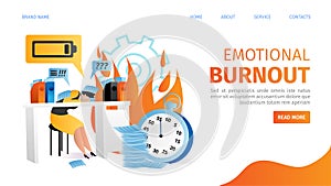 People with emotional burnout, woman charcater work in office landing page, vector illustration. Business person worker