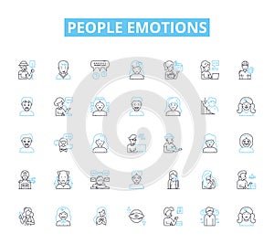 People emotions linear icons set. Happiness, Sadness, Anger, Love, Hate, Joy, Fear line vector and concept signs