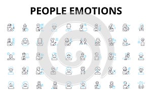 People emotions linear icons set. Happiness, Sadness, Anger, Love, Hate, Joy, Fear vector symbols and line concept signs