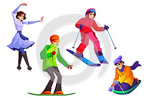 People engage winter sport, wintertime recreation