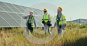 People, engineer and solar panel for eco friendly environment or alternative energy in nature. Group of employees