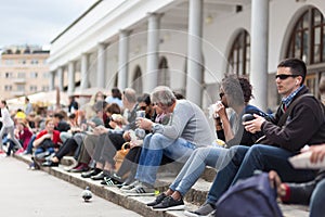 People enjoing outdoor street food festival in Ljubljana, Slovenia.