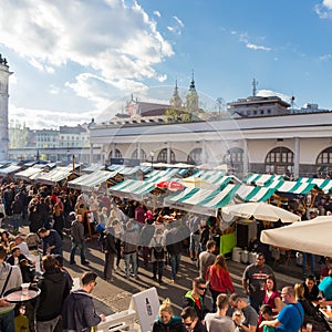 People enjoing outdoor street food festival in Ljubljana, Slovenia.