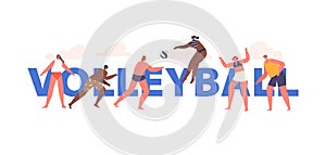 People Enjoy Beach Volleyball By Diving, Spiking, And Serving The Ball On Sandy Shores, Cartoon Vector Poster, Banner