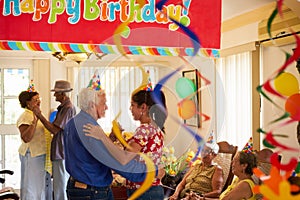 People Enjoy Birthday Party With Friends In Geriatric Hospital