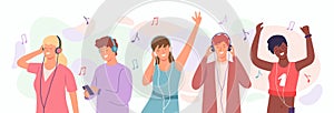 People enjoy music. Man and woman in headphones dancing. Happy teenagers listen songs on mobile. Radio music podcast