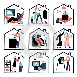 People enjoying life and doing casual things at home in house silhouette frame