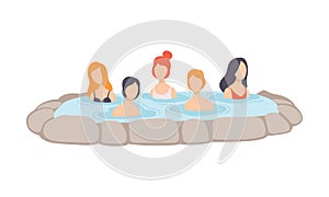 People enjoying outdoor jacuzzi, men and women relaxing in hot water in bath tub vector Illustration on a white